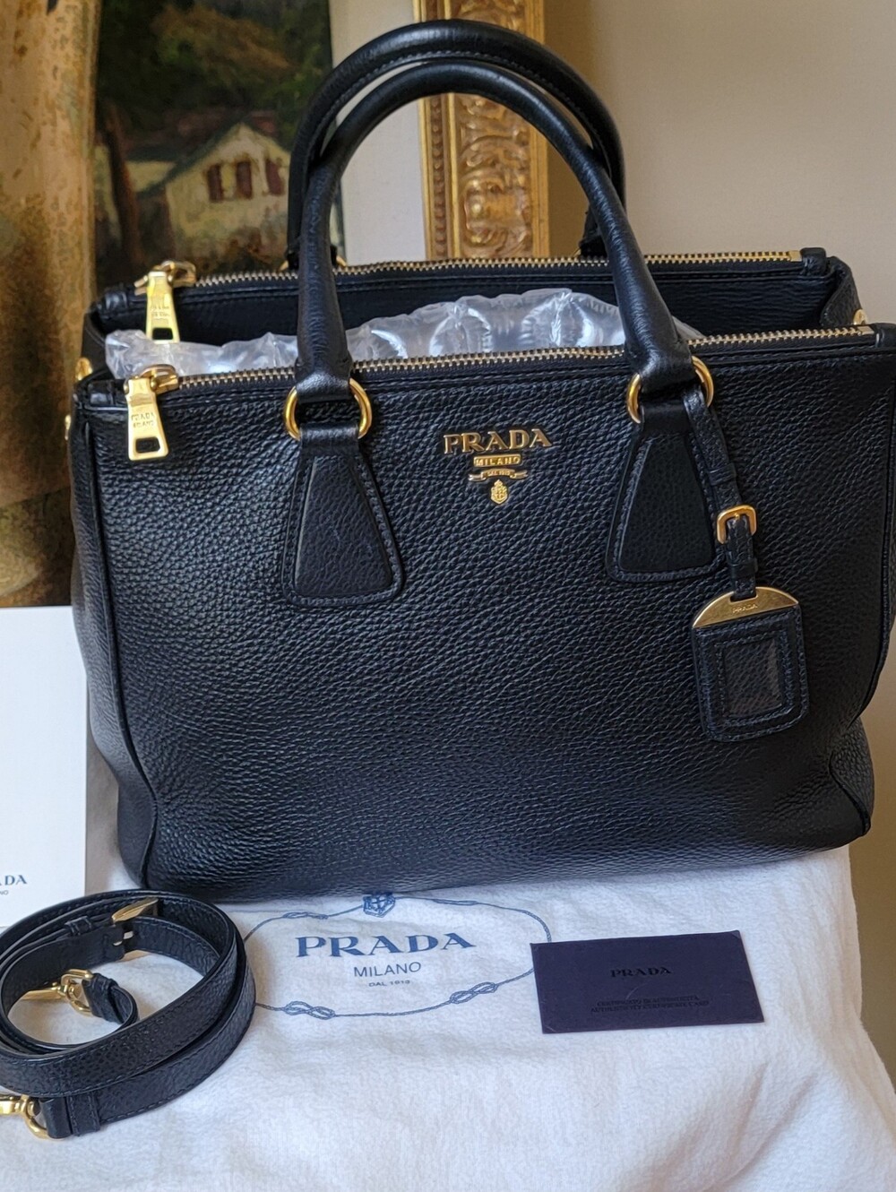 Auth Prada Double Zip Black Leather Vitello Daino Tote Shoulder Bag Crossbody